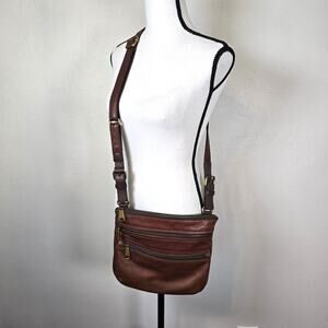 Vintage Fossil Explorer Crossbody Bag Cognac Leather Brass Hardware Multi Pocket